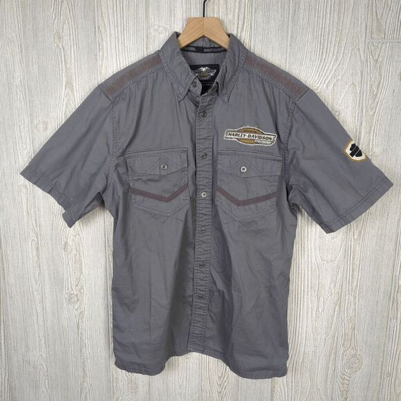 Vintage Harley Davidson Men’s Medium Grey Motor Clothes Mechanic Button Shirt - Picture 1 of 9